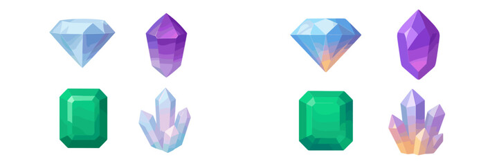 Assorted faceted gemstones and crystals in vibrant colors and geometric shapes