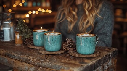 Teal mugs with candles on rustic wooden table in cozy cafe