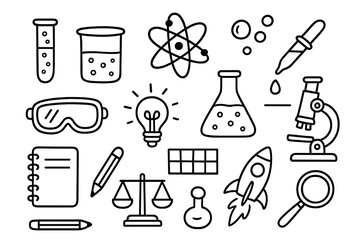 Chemistry Basics Doodles. Hand-drawn doodle illustration chemistry basics for kids test tube, beaker, flask, atom, bubbles,