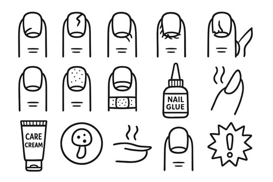 Nail Care Issues Icons. Hand-drawn doodle illustration damaged nails cracked nail, chipped polish, hangnail, dry cuticle, broken