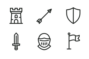 Moat Defense Icons. Outline icon set of moat defense elements: guard tower, archery arrow, cannon, shield, sword, knight helmet,