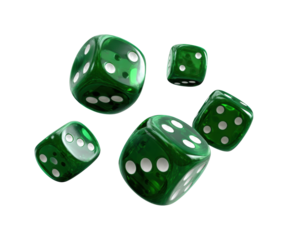 Rolling green dice in action game room digital isolated on transparent background, png
