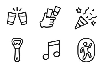 Party Icon Set. Outline icon set of shot glass party: clinking shot glasses, cheers gesture, party hat, confetti, bottle opener,