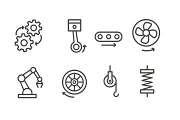 Mechanical Icon Set. Outline icon set of mechanical movement: gears turning, piston motion, conveyor belt, rotating fan, robotic