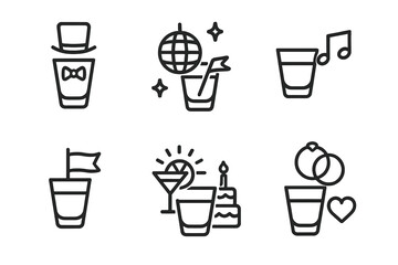 Shot Glass Icon Set. Outline icon set of shot glass events: bachelor party, nightclub, concert, festival, bar crawl, happy hour,