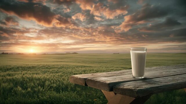 Milk Glass on Wooden Table Overlooking Green Field at Sunset with Colorful Cloudy Sky Soft Lighting