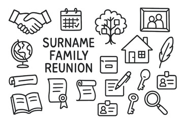 Fototapeta premium Family Reunion Doodles. Hand-drawn doodle illustration surname family reunion handshake, calendar, photo frame, family tree, house