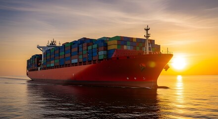 Large cargo ship sailing on the ocean at sunset