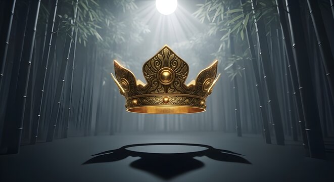 Golden royal crown levitating above pedestal in dramatic lighting