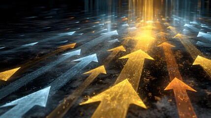 Glowing golden arrows moving upward symbolizing growth and success
