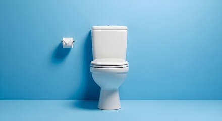 Modern white toilet against a vibrant blue wall with toilet paper