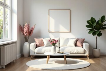 Minimalist Scandinavian living room, flowers in a simple vase, stylish accessories , simple, artwork