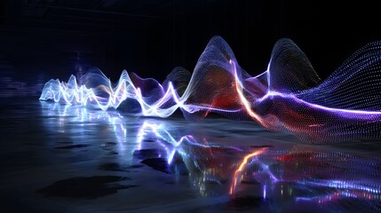 Glowing waveforms of light energy on reflective surface
