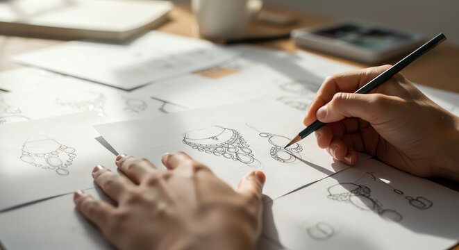 Jewelry design sketch with pencil and paper