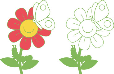 Cute cartoon flower with butterfly and caterpillar illustration