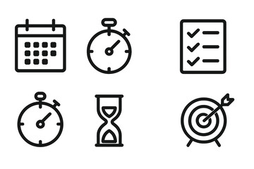 Fototapeta premium Time Management Icons. Outline icon set of time management and discipline: calendar, stopwatch, alarm clock, checklist, timer,
