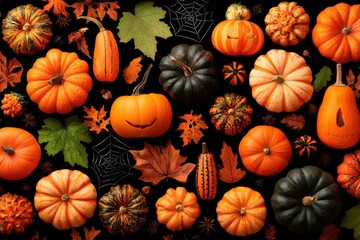 Festive Halloween Pumpkins and Decorative Autumnal Elements on black background