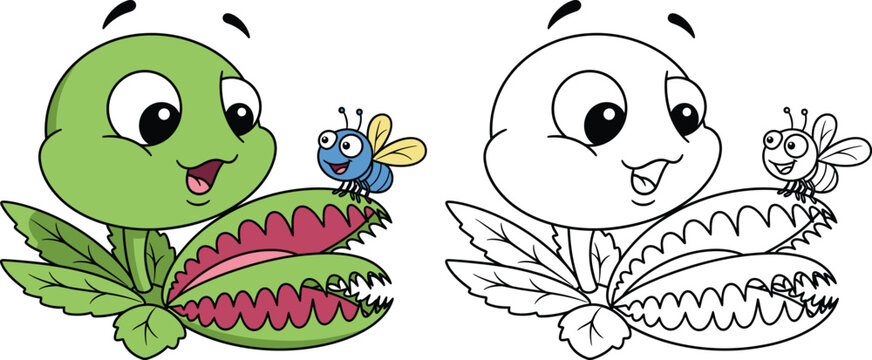Cute cartoon Venus flytrap plant with smiling insect