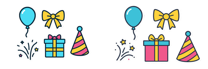 Birthday party elements with balloons, gifts, hats, and confetti for celebrations