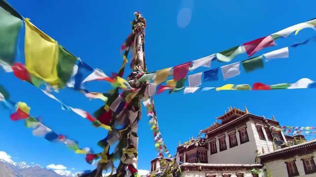 Colorful Tibetan Prayer Flags Fluttering in the Wind Against a Clear Blue Sky with a Monastery in the Background.