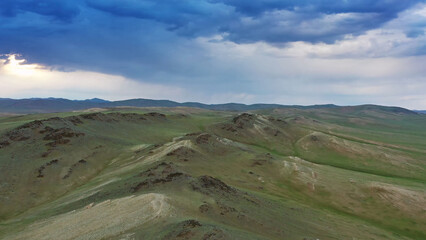Aerial view of mountains at sunset in Mongolia