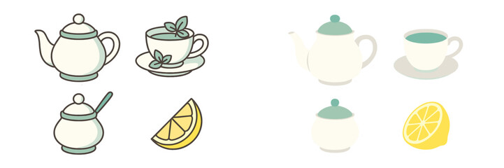 Cute teapots, cups, sugar bowls, and lemon slices for tea time