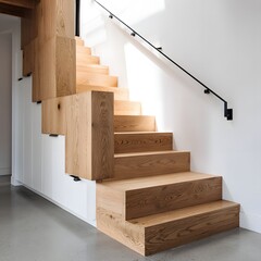 Floating Wooden Staircase with Black Metal Handrail Design