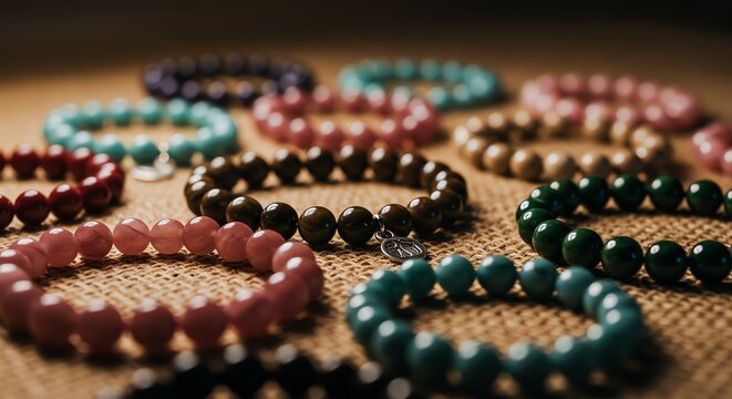 Stone bead bracelets in various colors on burlap