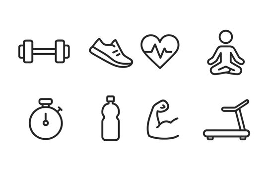 Fitness Icon Set. Outline icon set of fitness coaching: dumbbell, running shoe, heart rate monitor, yoga pose, stopwatch, water