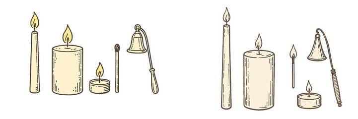 Collection of burning candles, matches, and snuffer in a simple hand-drawn style