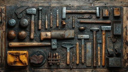 Assortment of vintage tools on wooden surface