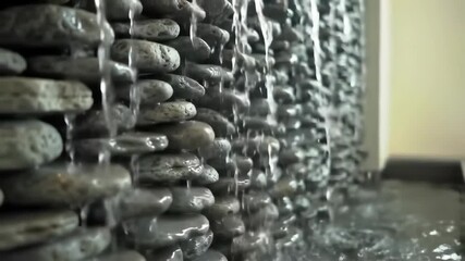 Indoor water feature flowing over stacked stones, water wall, relaxation, zen design.