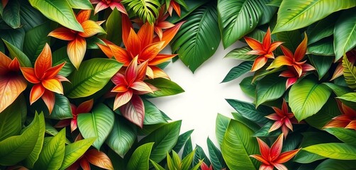 Lush tropical foliage, vibrant greens, soft white center, watercolor effect, green, illustration