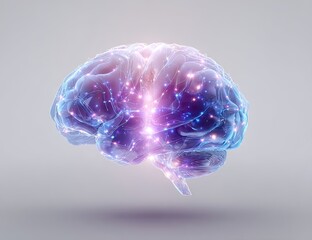 A 3D rendering of a human brain,  glowing with light,  showing  neural pathways