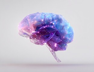 A stylized, 3D model of a brain, rendered in translucent polygonal shapes, with vibrant purple, blue, and pink hues.  Glittering, light-speckled areas are prominent within the structure