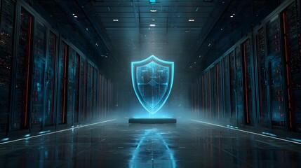 Glowing digital shield in futuristic server room representing cybersecurity protection
