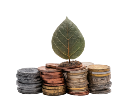 Growing wealth coins and leaf symbolizing prosperity in nature business concept isolated on transparent background, png