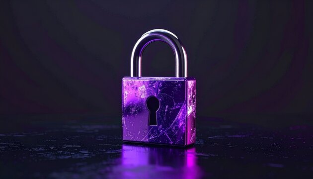 Glowing digital padlock with circuit pattern on a futuristic grid platform, illuminated in purple and blue tones, set against a sci-fi cityscape and starry sky to symbolize cybersecurity. - Powered by Adobe