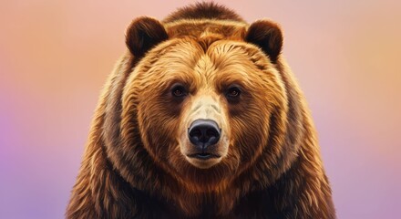 Portrait of a furry brown bear against a colorful gradient backdrop