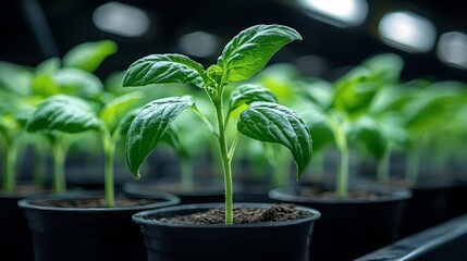 Young plant sprouts in dark indoor growing system