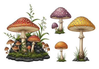 Amanita mushroom collection in watercolor style isolated PNG with Transparent Background