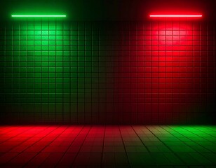 Neon lights illuminate a tiled room