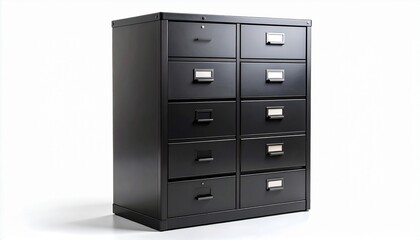 Black metal filing cabinet with eight drawers, label holders, and locks, arranged in two columns against a plain white background to emphasize office organization and structure.