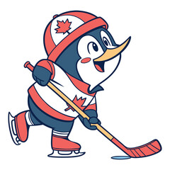 Fototapeta premium Cute Cartoon Penguin Playing Ice Hockey Vector 