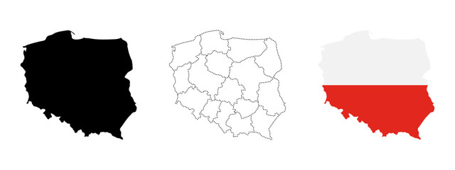 Poland map flag. Silhouette, dashed outline and flag-colored shape of Poland vector illustration. Geographic region symbol. Country identification sign. Political map pictogram.