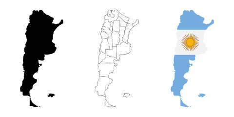 Argentina map flag. National map with black silhouette, provincial borders and flag fill vector illustration. South American geography and political division symbol. Country territory sign.