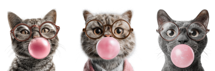 Set of cat with glasses blowing a pink bubble gum isolated on a transparent background