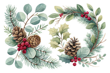 Fototapeta premium Watercolor Eucalyptus and Pine Cone Arrangement for Christmas 