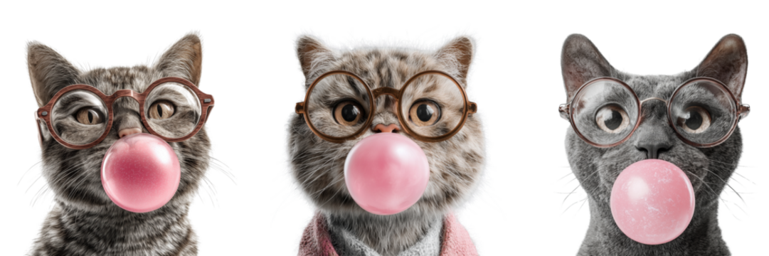 Set of cat with glasses blowing a pink bubble gum isolated on a transparent background