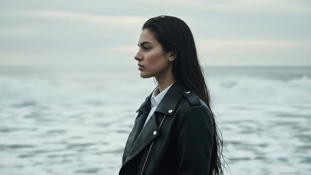 Young woman with long dark hair wearing a black leather jacket standing by the ocean shoreline during overcast weather